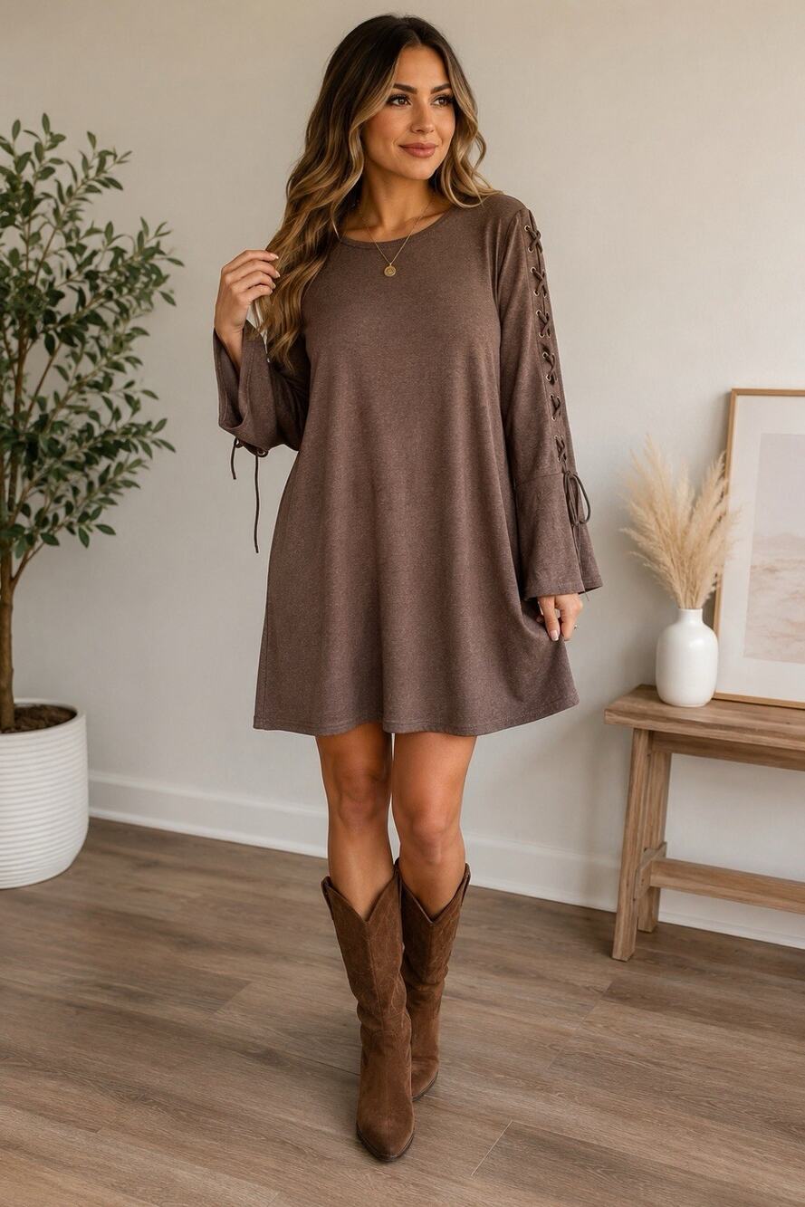 The Rustic Rack Brown Lace-Up Sleeve Dress Size M NWT